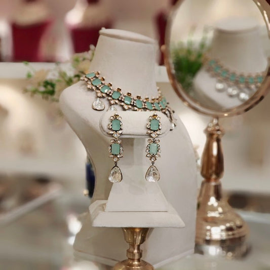 Mallika Mint green Polki Necklace Set