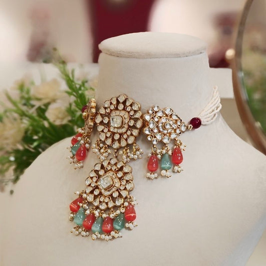 Ruhi Paachi Kundan Set (Peach, Sea Green)