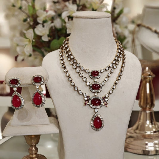 Aaloka moissanite polki Necklace set (Red)