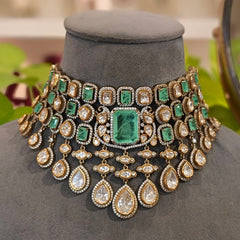 Akshara polki neckline set (Golden, Mint Green)