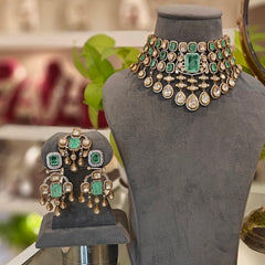 Akshara polki neckline set (Golden, Mint Green)