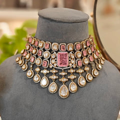 Akshara polki neckline set (Golden, Pink)