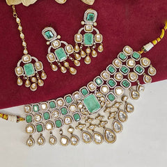 Akshara polki neckline set (Golden, Mint Green)
