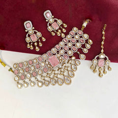 Akshara polki neckline set (Golden, Pink)