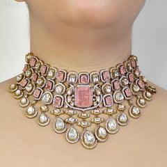 Akshara polki neckline set (Golden, Pink)