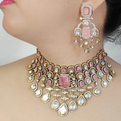 Akshara polki neckline set (Golden, Pink)