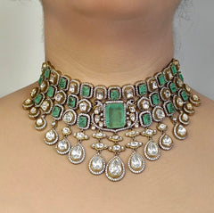 Akshara polki neckline set (Golden, Mint Green)