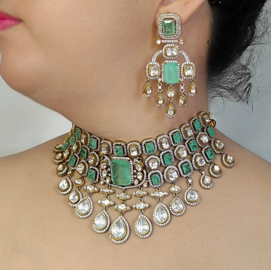 Akshara polki neckline set (Golden, Mint Green)