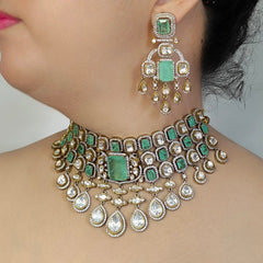 Akshara polki neckline set (Golden, Mint Green)