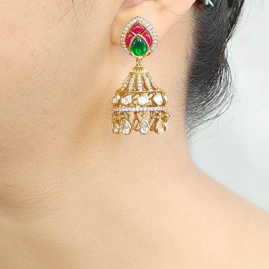 Rajwada Polki Jhumka (Emerald green, Ruby Red)