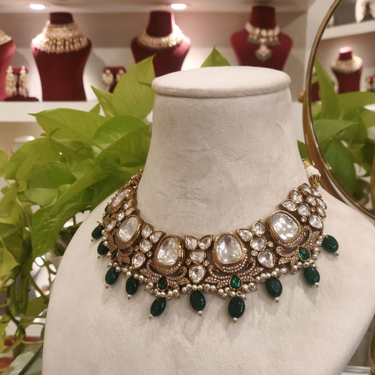 Aadesh Green Polki Neckline Set