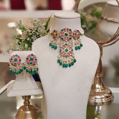 Ruhi Paachi Kundan Set (Green, Pink)
