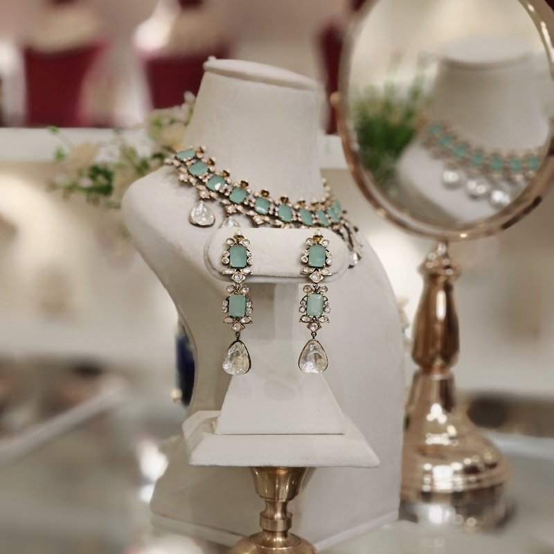 Mallika Mint green Polki Necklace Set