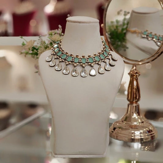 Mallika Mint green Polki Necklace Set