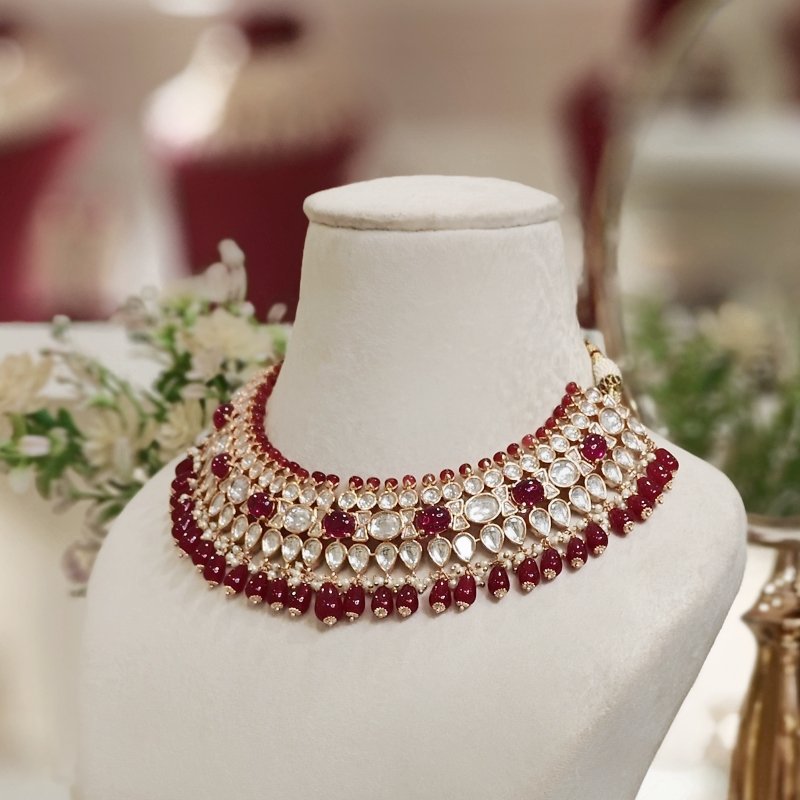 Sneha Red Polki Neckline Set