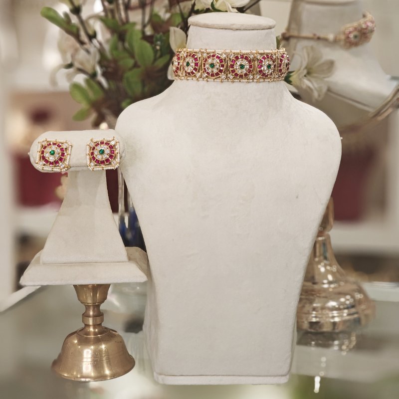 Ekiya Polki Choker Set (Red and green)