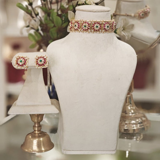 Ekiya Polki Choker Set (Red and green)