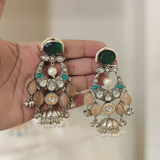 Ramna Heritage chaandbali jhumka (Emerald green, Peach, Turquoise)