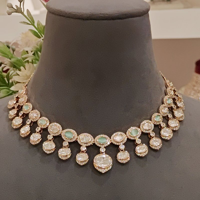 Reeva Polki Neckline Set (Golden, White)