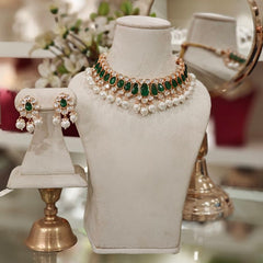 Rangoli emerald green polki set