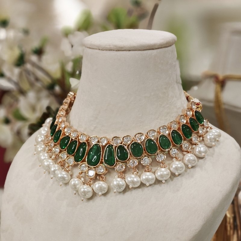 Rangoli emerald green polki set