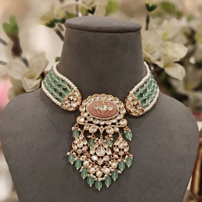 Aaryash Pink and mint green Polki Set
