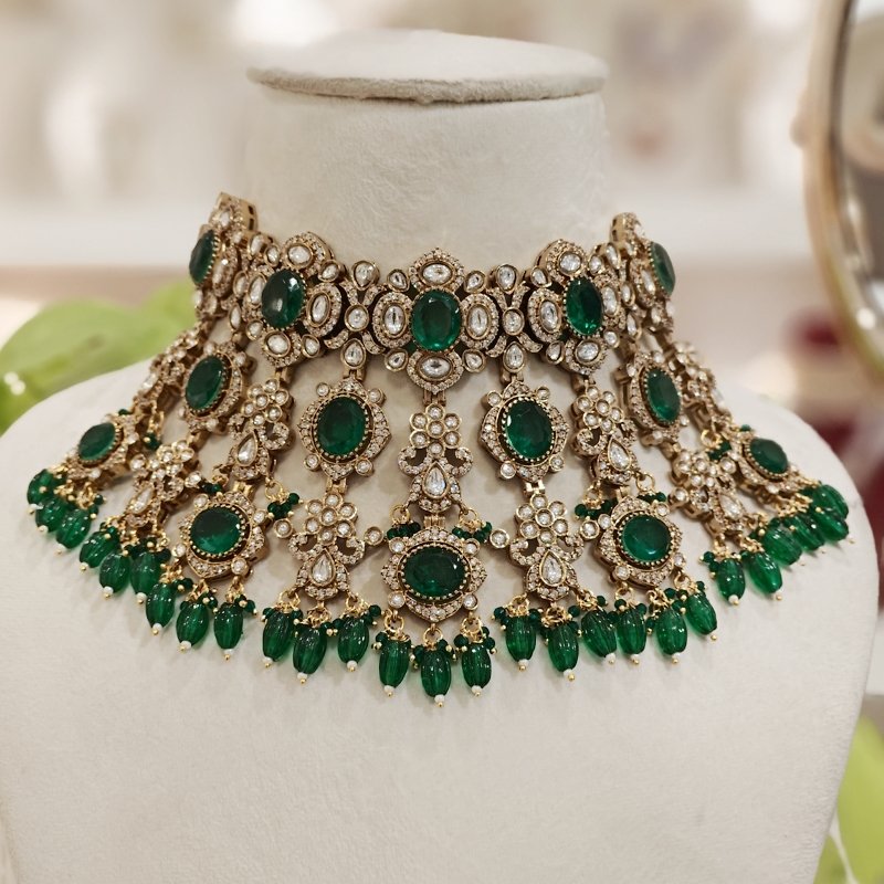 Dhara Green Polki Neckline Set
