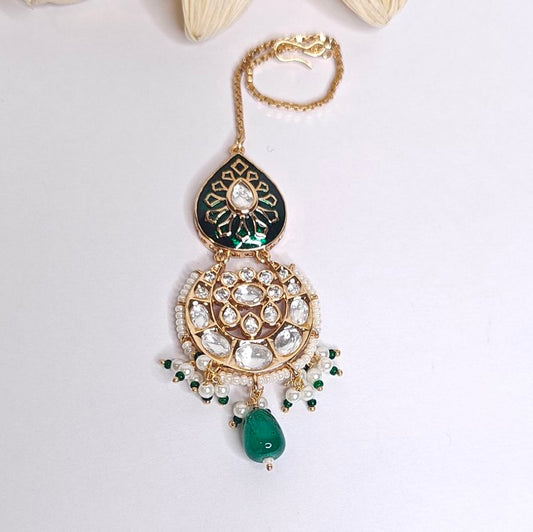 Chahat Polki Maangtikka (Emerald green)