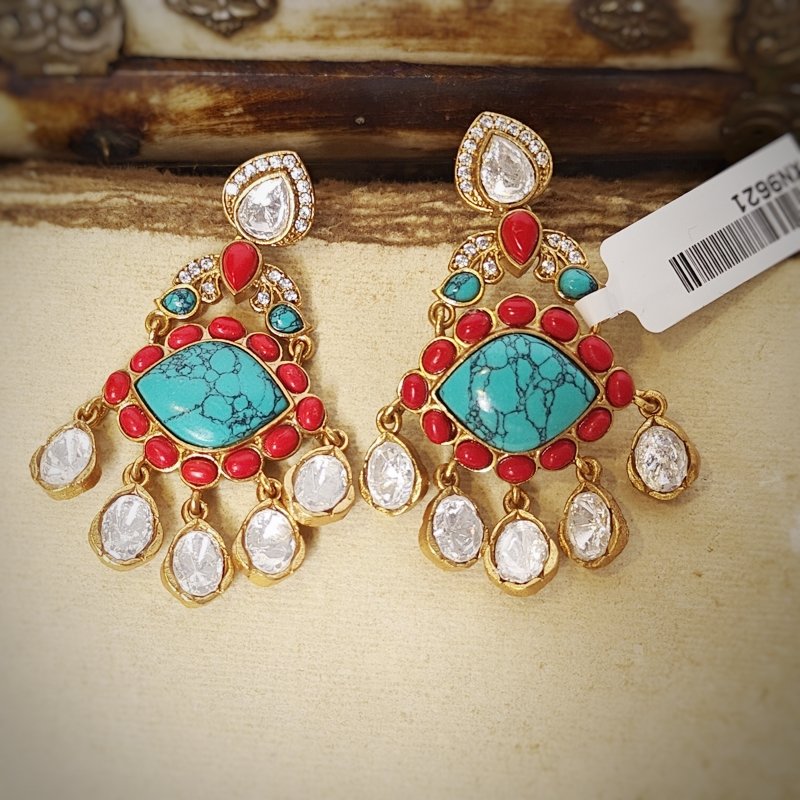Ashmita uncut polki earrings (Coral, Turquoise)
