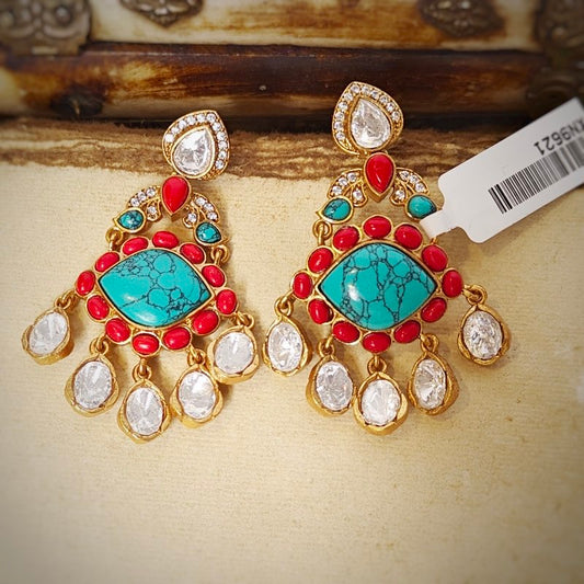 Ashmita uncut polki earrings (Coral, Turquoise)