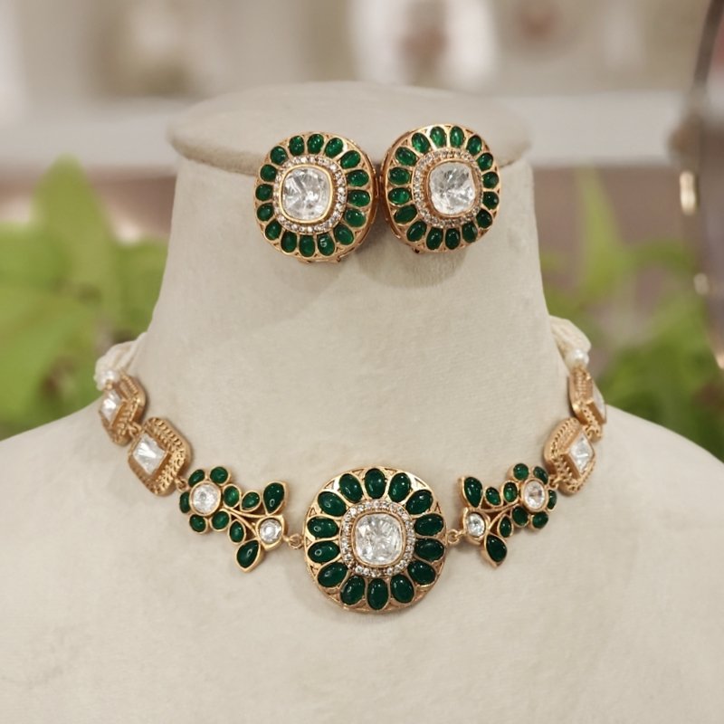 Palak emerald green polki set