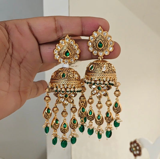 Rangoli Polki jhumkas (Emerald green)
