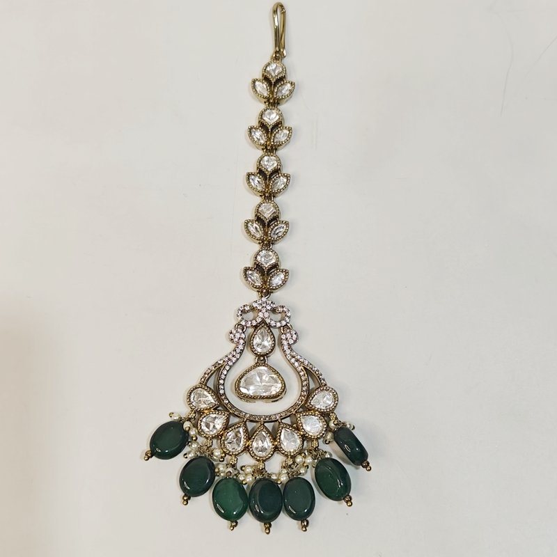 Meera Polki Maangtikka (Emerald green)