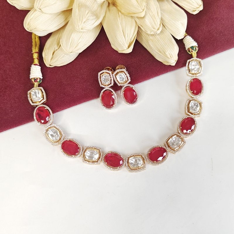 Binti Polki Neckline set (Golden, Ruby Red)