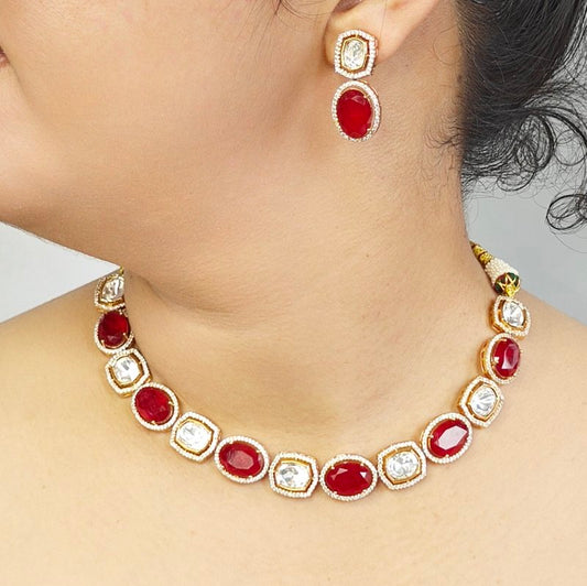 Binti Polki Neckline set (Golden, Ruby Red)