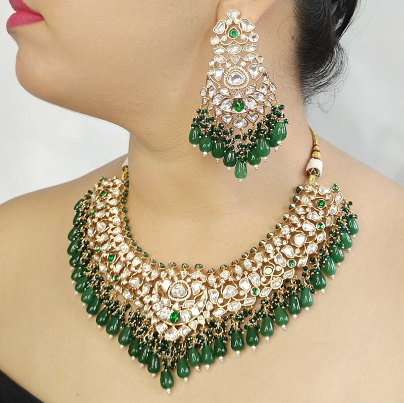 Riwayat Green Polki Neckline Set