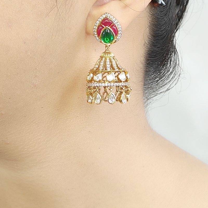 Rajwada Polki Jhumka (Emerald green, Ruby Red)