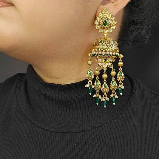 Rangoli Polki jhumkas (Emerald green)