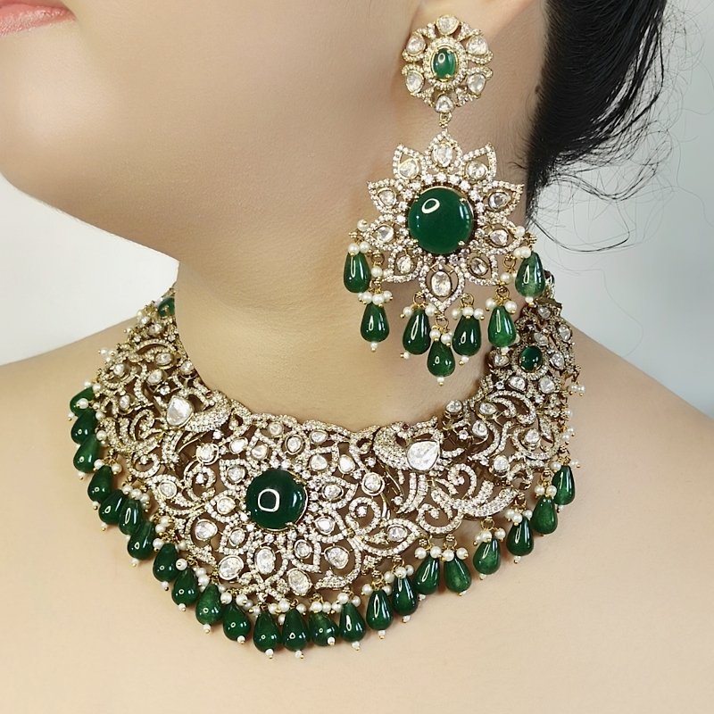 Aradhyaa Moissanite Green neckline set