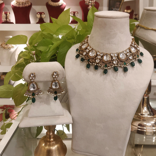 Aadesh Green Polki Neckline Set