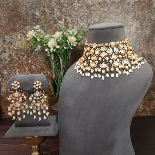 Meera Polki Choker Set (Green, White)