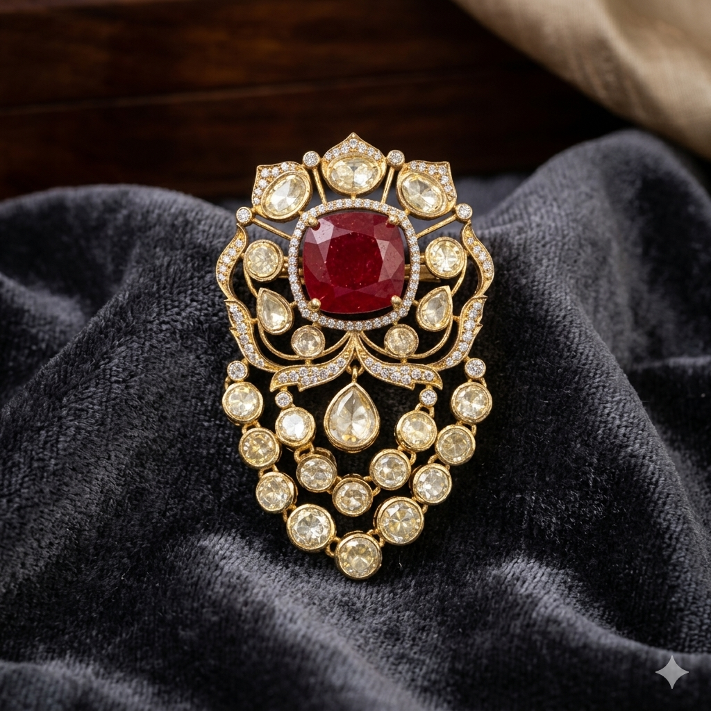 Meena moissanite polki brooch